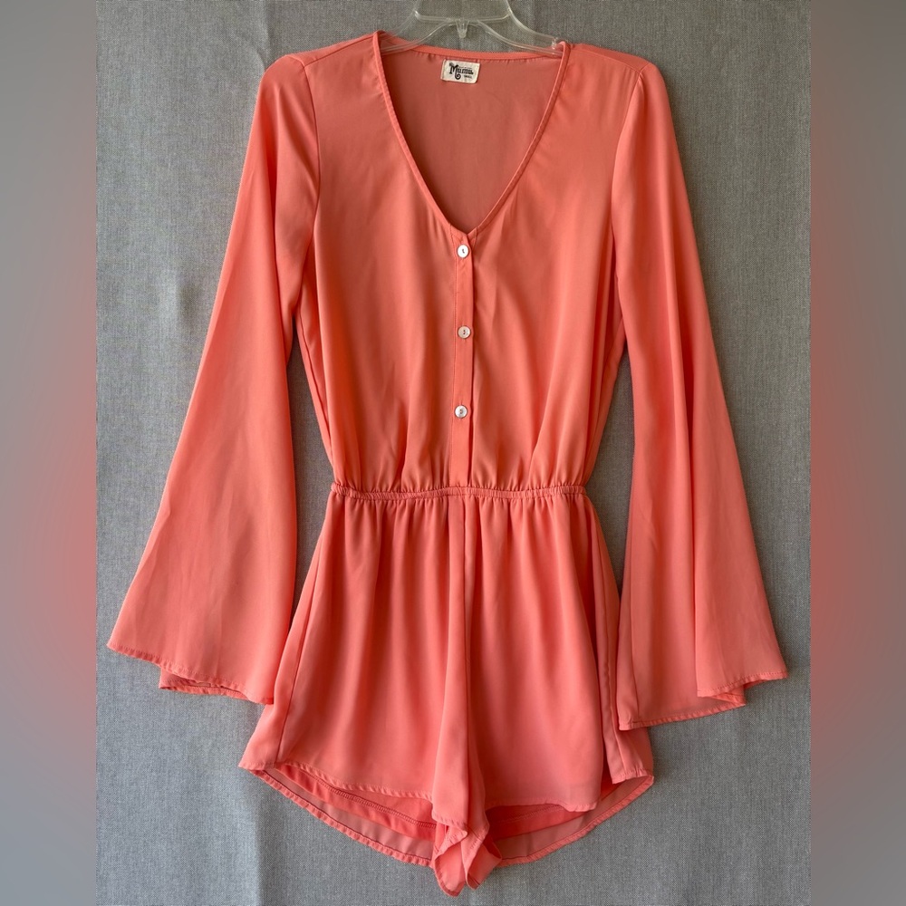Coral V‑Neck Button Romper with Bell Sleeves small